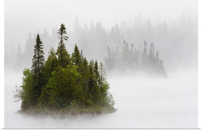 Fog And Rain Around An Island In Fenton Lake, Ontario, Canada