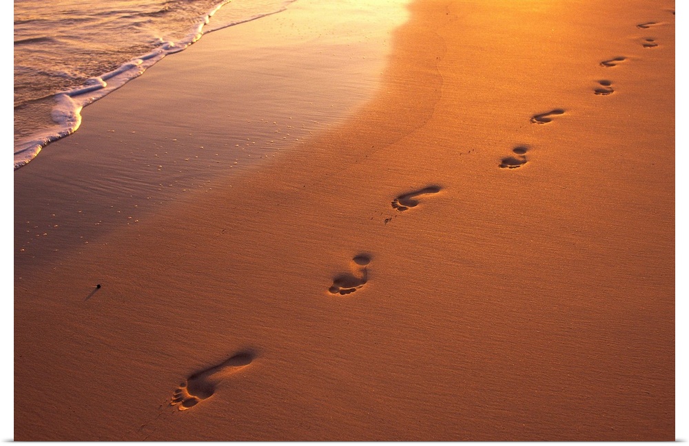 Footprints In Sand At Sunset