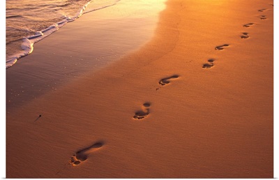 Footprints In Sand At Sunset