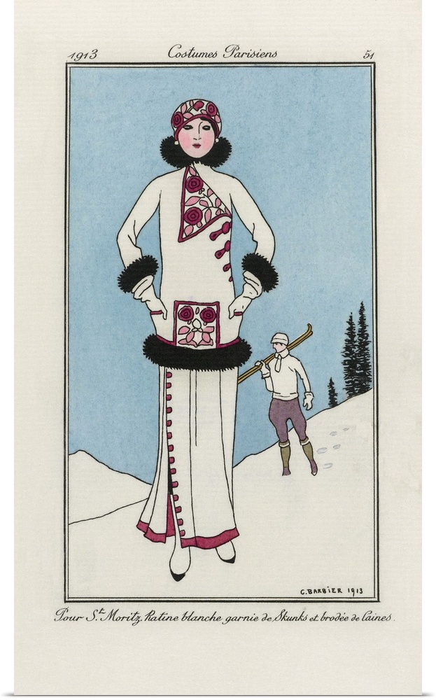 Pour St. Moritz. Ratine blanche garnie de Skunks et brodee de laines -  For St. Moritz.  Trimmed white terry cloth embroid...