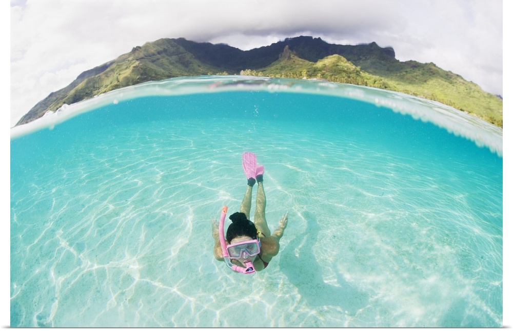 French Polynesia, Moorea, Woman Free Diving In Turquoise Ocean