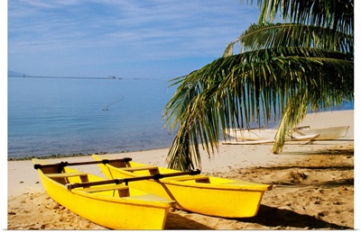 French Polynesia, Rangiroa, Kia Ora, Yellow Double Canoe On Beach