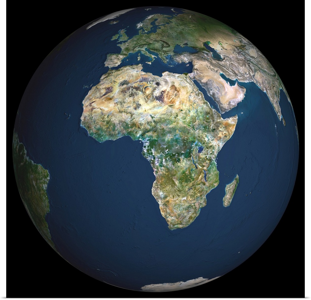 Globe Africa, True Colour Satellite Image. Earth. True colour satellite image of the Earth, centred on Africa. North is at...