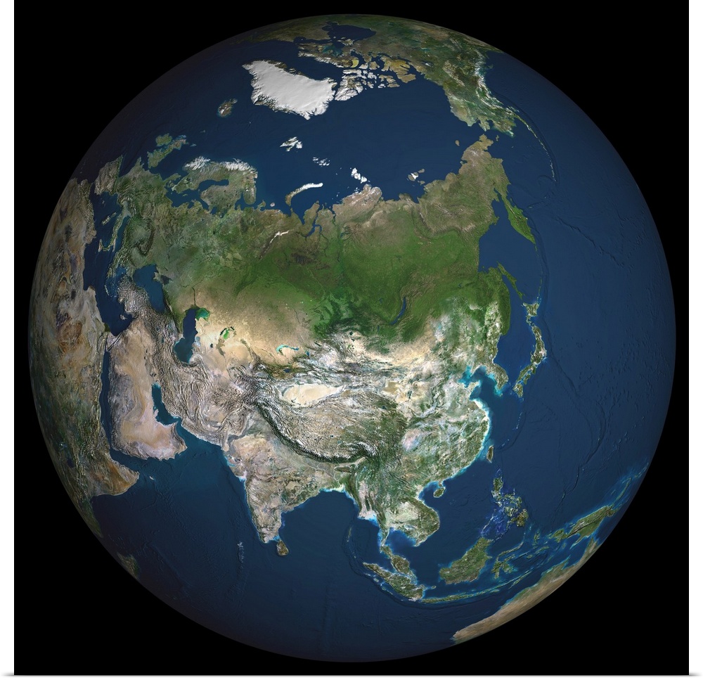 Globe Asia, True Colour Satellite Image. Earth. True colour satellite image of the Earth, centred on Asia. The North Pole ...