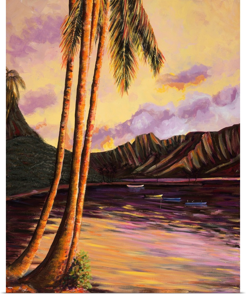 Glowing Kualoa (Diptych 1 Of 2), Hawaii, Oahu, Kualoa Point Left Side And Reflections At Sunset (Acrylic Painting) - Dipty...