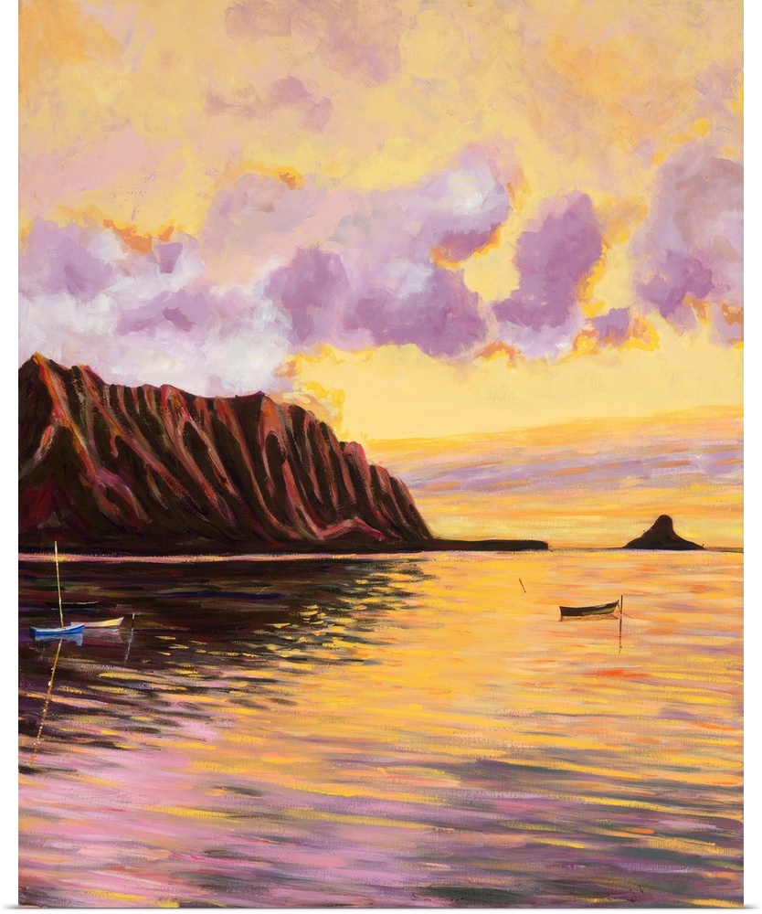 Glowing Kualoa (Diptych 2 Of 2), Hawaii, Oahu, Kualoa Point Right Side And Reflections At Sunset (Acrylic Painting) - Dipt...