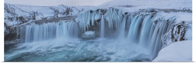 Godafoss With Large Pieces Of Ice Forming In The Cold Weather, Iceland