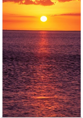 Golden Sun Ball, Sunset With Orange Sky Over Ocean Purple Surface