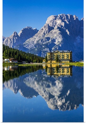 Grand Hotel Misurina Reflected In Lake Misurina In The Dolomites In Veneto, Italy