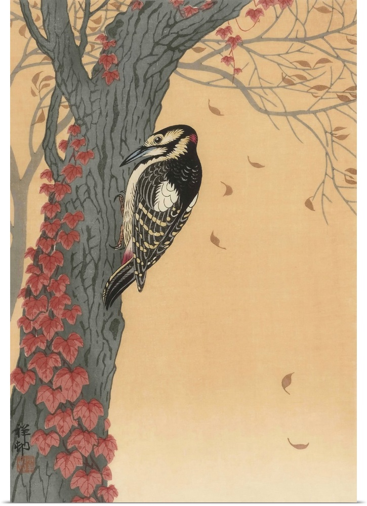 Great Spotted Woodpecker in Tree with Red Ivy by Japanese artist Ohara Koson, 1877 - 1945.  Ohara Koson was part of the sh...