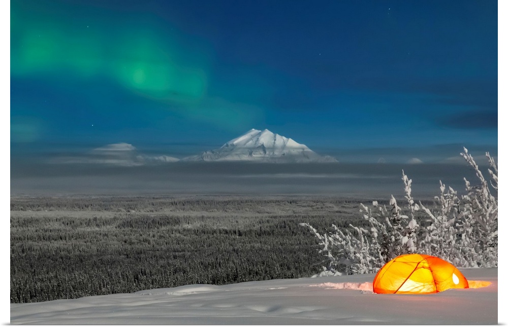 Green Aurora Borealis shines above moonlight casting light on Mount Drum and the Copper River Valley, a glowing tent on a ...