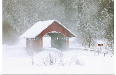 Guthrie Covered Bridge In Blowing Snow, Saint-Armand, Quebec, Canada