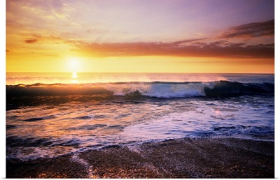 Hawaii, Beautiful Wave Crashing On Shoreline, Sunset Illuminates Ocean