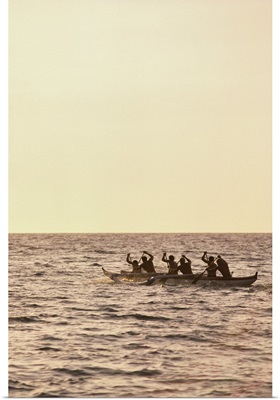 Hawaii, Big Island, Canoe Anaeho'omalu Bay, Paddlers Silhouetted