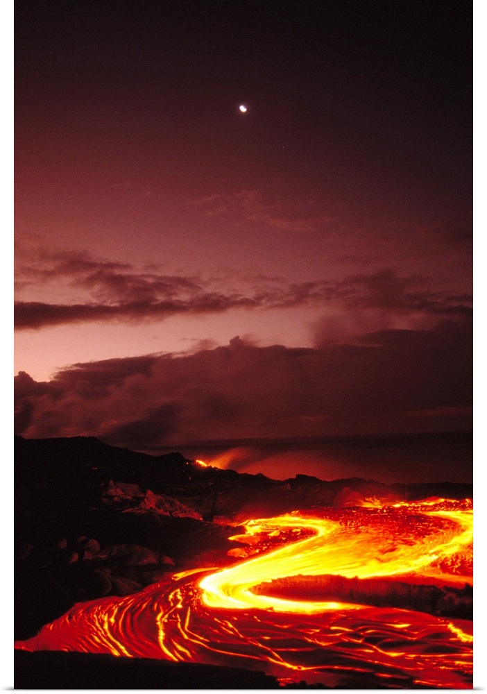 Hawaii, Big Island, Hawaii Volcanoes National Park, Moon Over Lava Flow At Dawn