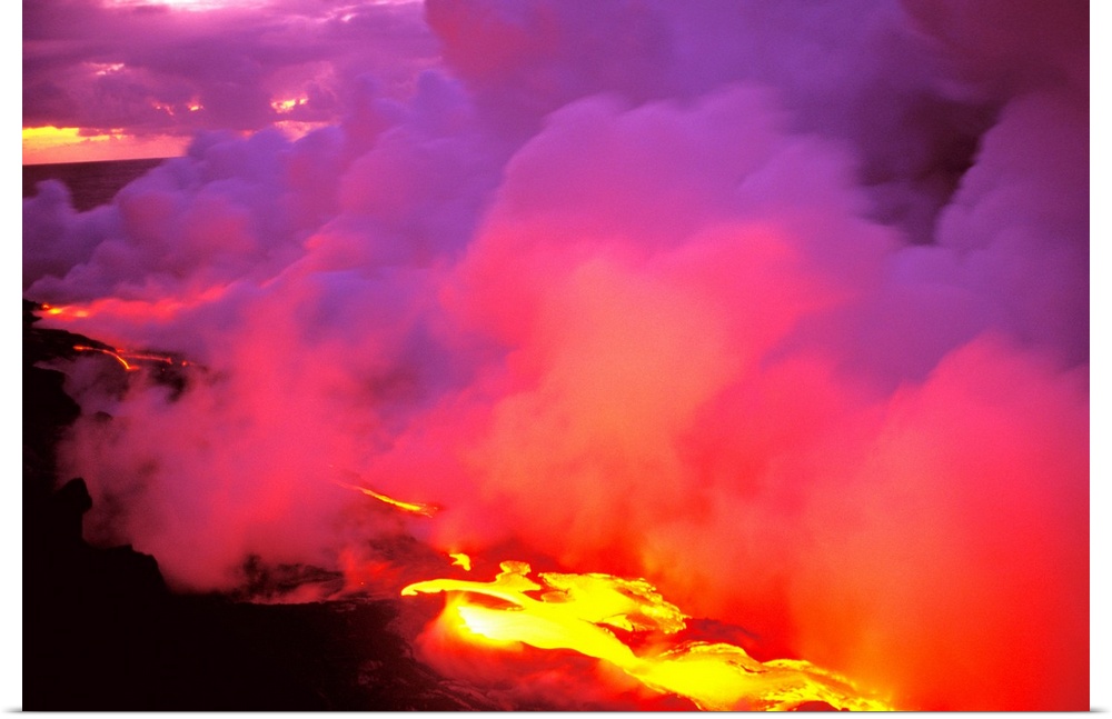 Hawaii, Big Island, Morning Sky Filled With Pink And Gray Smoke From Lava Flow
