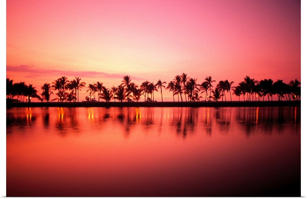 Hawaii, Big Island, Royal Waikoloa, Line Of Palms At Sunset
