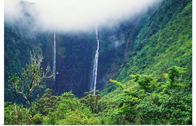 Hawaii, Big Island, Waipio Valley, Twin Waterfalls With Lush Green Forest
