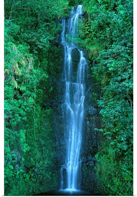 Hawaii, Close-Up Of Waterfall On Mountain Side, Green Foliage