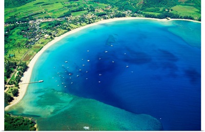 Hawaii, Kauai, Aerial Of Hanalei Bay, Boats In Ocean