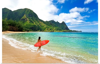 Hawaii, Kauai, Haena Beach, Woman Entering Ocean With Surfboard
