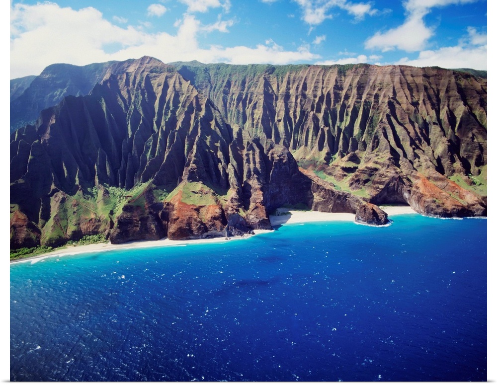 Hawaii, Kauai, Na Pali Coast, Aerial Along Coastline, Rugged Cliffs And Ocean