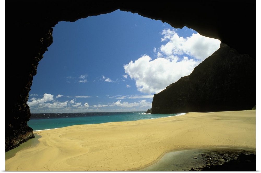 Hawaii, Kauai, Napali Coast, Honopu Beach, Secluded Beach Seen Through Rock Arch
