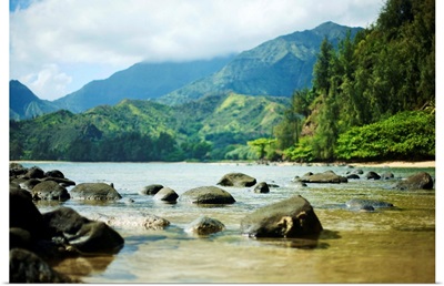 Hawaii, Kauai, Waikoko, Ocean Shoreline And Mountains In Distance