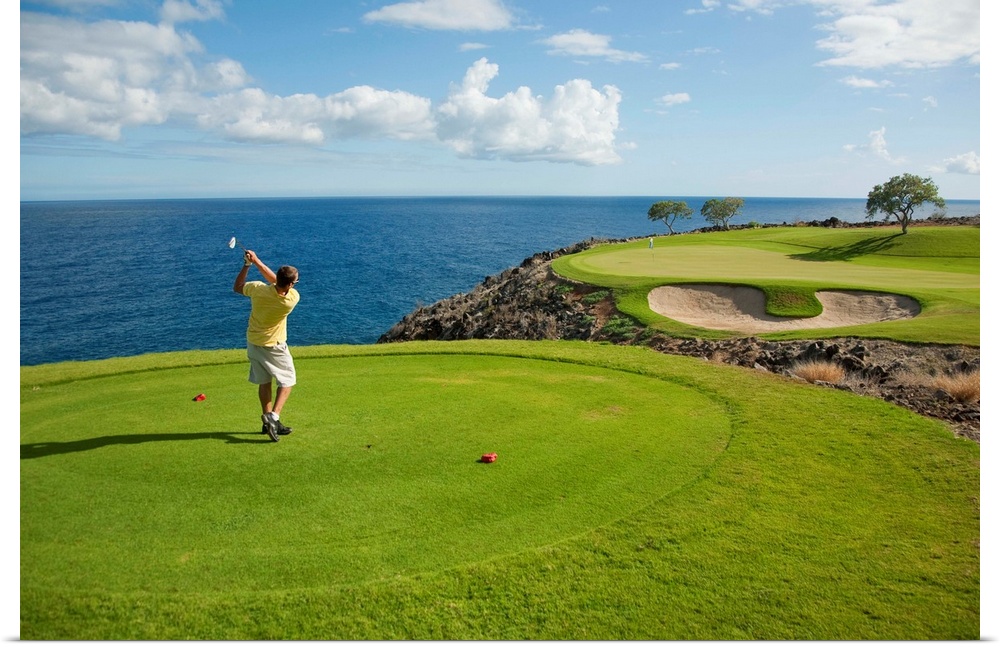 Hawaii, Lanai, Man Playing Golf At The Challenge At Manele Golf Course