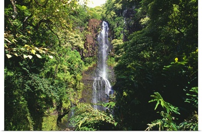 Hawaii, Maui, Hana Coast, Waterfall Surrounded By Lush Greenery