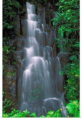 Hawaii, Maui, Hana Highway, Cascading Waterfall In Lush Tropical Rainforest