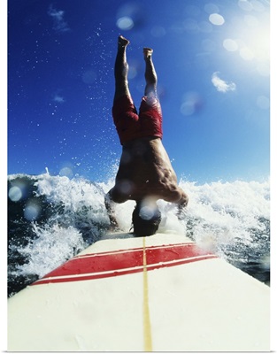 Hawaii, Maui, Hookipa, Riding A Wave While Doing A Headstand