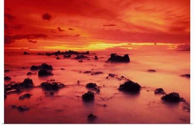 Hawaii, Maui, Lava Rock Beach At Sunset With Dramatic Red Yellow Sky And Shore