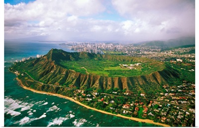 Hawaii, Oahu, Aerial Of Diamond Head Crater With Coastline View