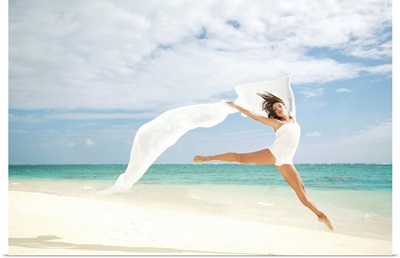 Hawaii, Oahu, Lanikai Beach, Ballet Dancer Leaping Into Air With White Flowing Fabric