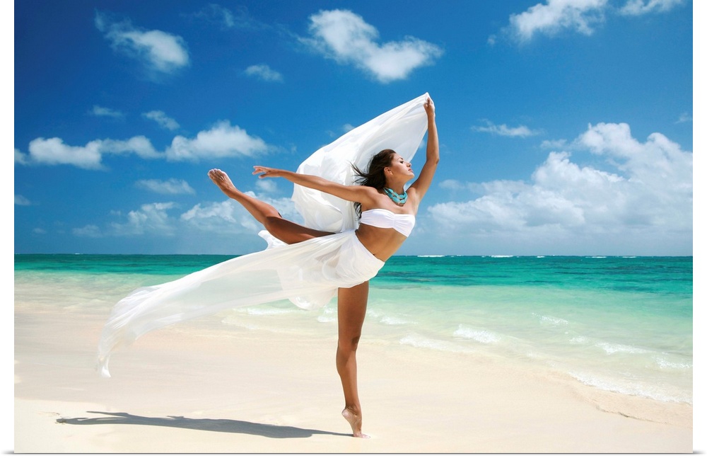 Hawaii, Oahu, Lanikai Beach, Female Ballet Dancer On Beach With White Flowing Fabric