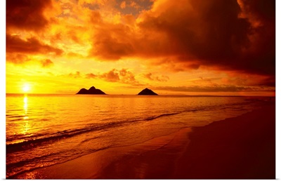 Hawaii, Oahu, Lanikai Beach, Orange Sunrise Over Tranquil Ocean