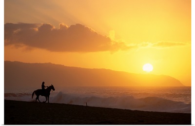 Hawaii, Oahu, North Shore, Girl On Horseback At Sunset On Beach