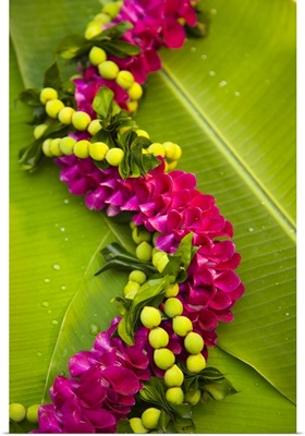 Hawaii, Oahu, Orchid Lei On Banana Leaves