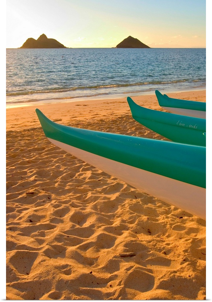 Hawaii, Oahu, Outrigger Canoes On Lanikai Beach At Sunrise