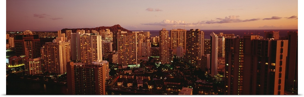 Hawaii, Oahu, Waikiki, Evening Glow On City Buildings At Twilight