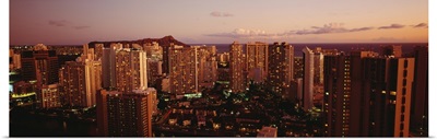 Hawaii, Oahu, Waikiki, Evening Glow On City Buildings At Twilight