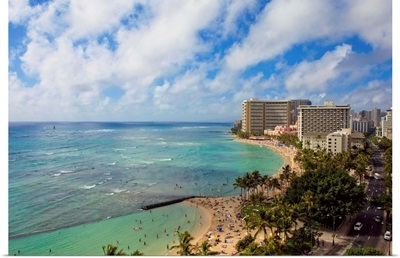 Hawaii, Oahu, Waikiki, View of the Pacific Ocean, Waikiki Beach, and famous hotels