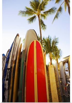 Hawaii, Oahu, Waikiki,Colorful Surfboards In Surfboard Rack On Waikiki Beach
