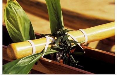 Hawaii, Outrigger Canoe , Detail Of Ti Leaf And Leis Wrapped Around Aku And Fastening