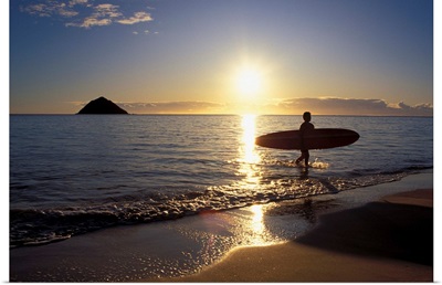 Hawaii, Silhouetted Surfer On Shore At Sunrise