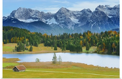 Hay Barn, Lake Geroldsee And Karwendel Mountain Range, Bavaria, Germany