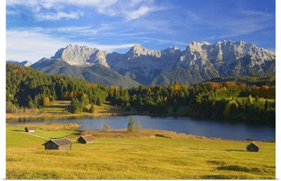 Hay Barns, Lake Geroldsee And Karwendel Mountain Range, Upper Bavaria, Germany