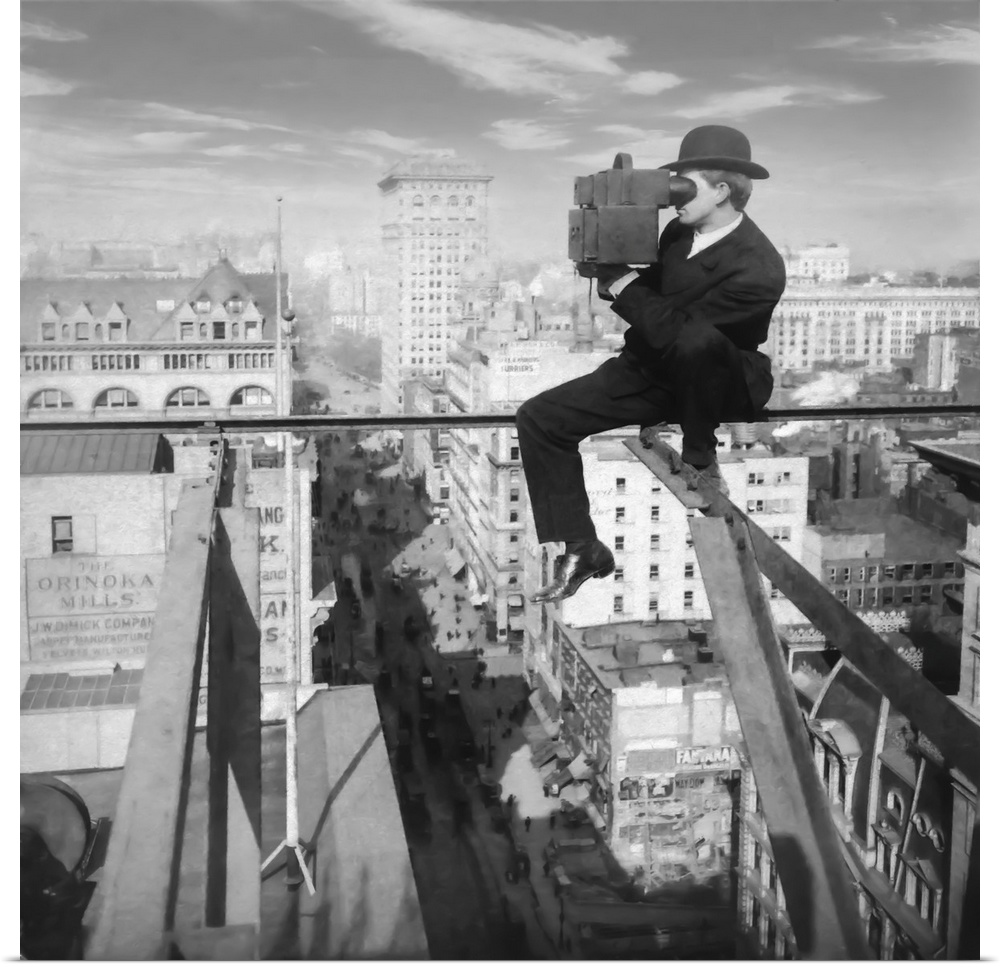Historic image in black and white of a photographer sitting on a slender girder above fifth avenue in New York City with a...
