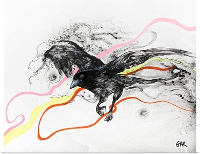 Illustration Of A Black Bird In Flight With Streaks Of Colour Running Through